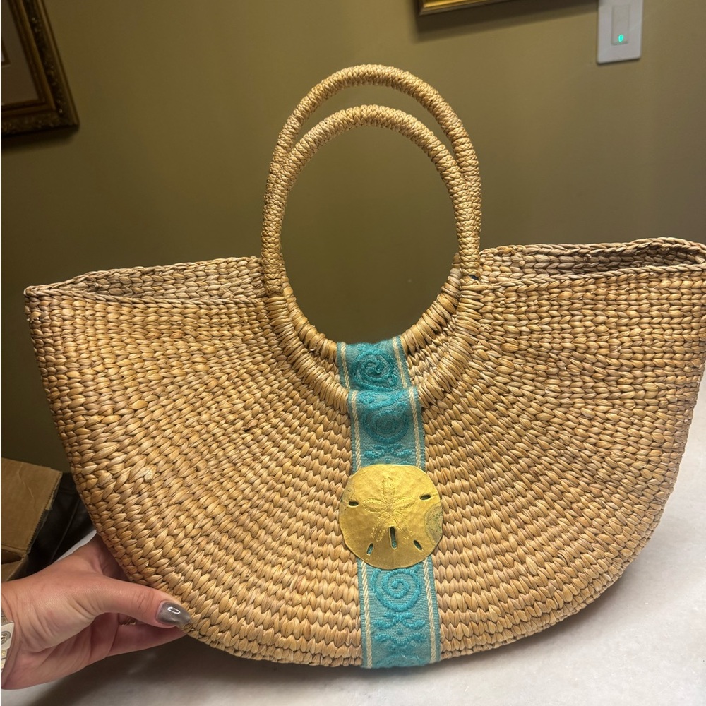 Handcrafted Straw Beach Bag with Turquoise Accent
